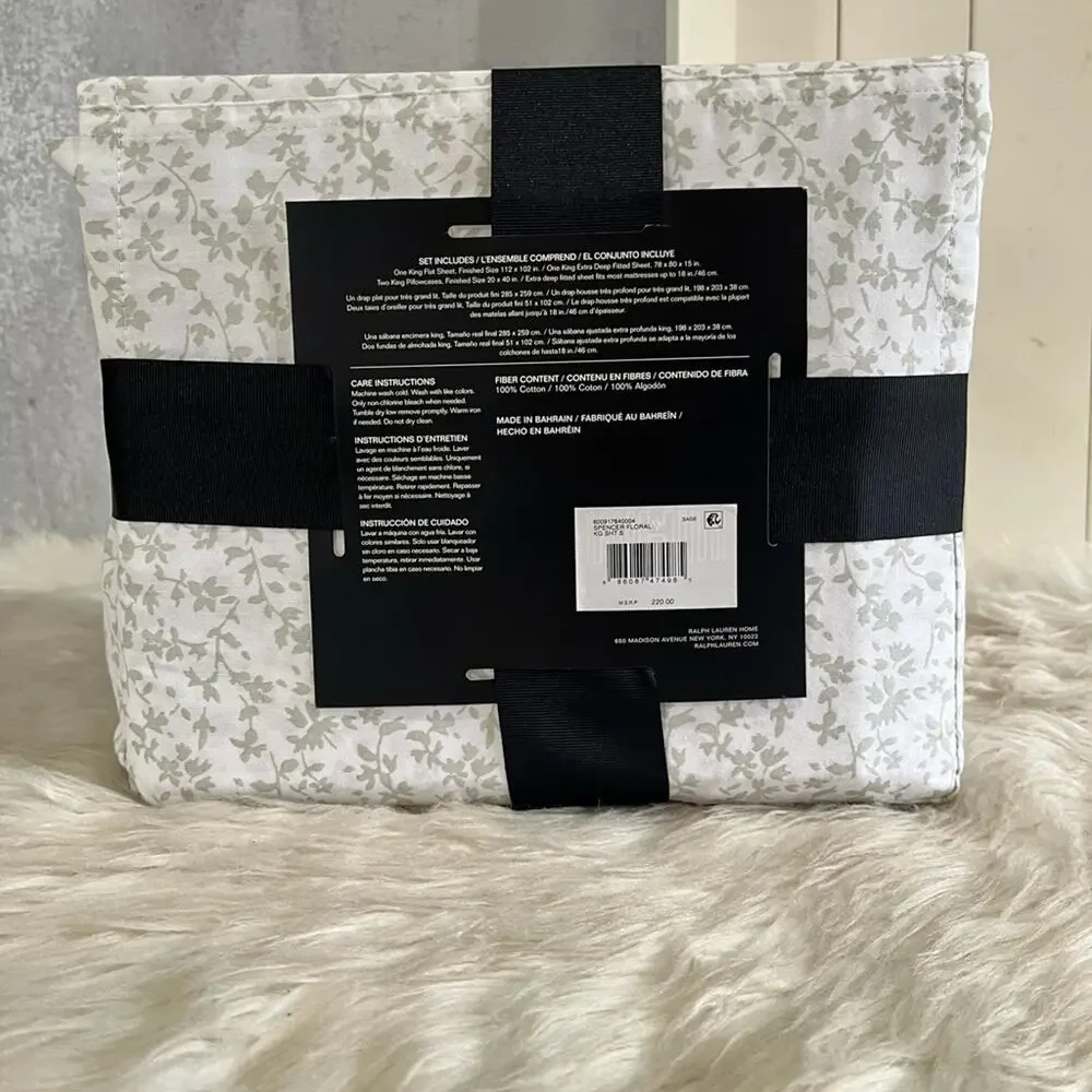 New LRL Ralph Lauren Spencer Floral Sage King Size Cotton Sateen Bedding Sheets
